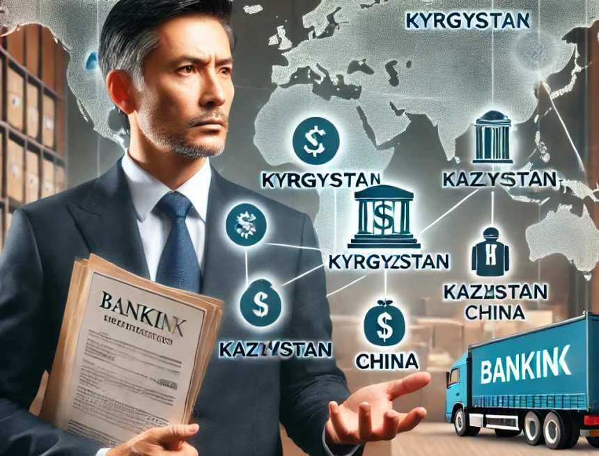 DALL·E 2024-09-26 12.37.47 - A scene showing a concerned businessman from Kyrgyzstan in front of a bank, holding documents with symbols of banking and logistics. In the background Нацбанк Кыргызстана ограничил банковские услуги: депутат требует отменить запрет для предпринимателей