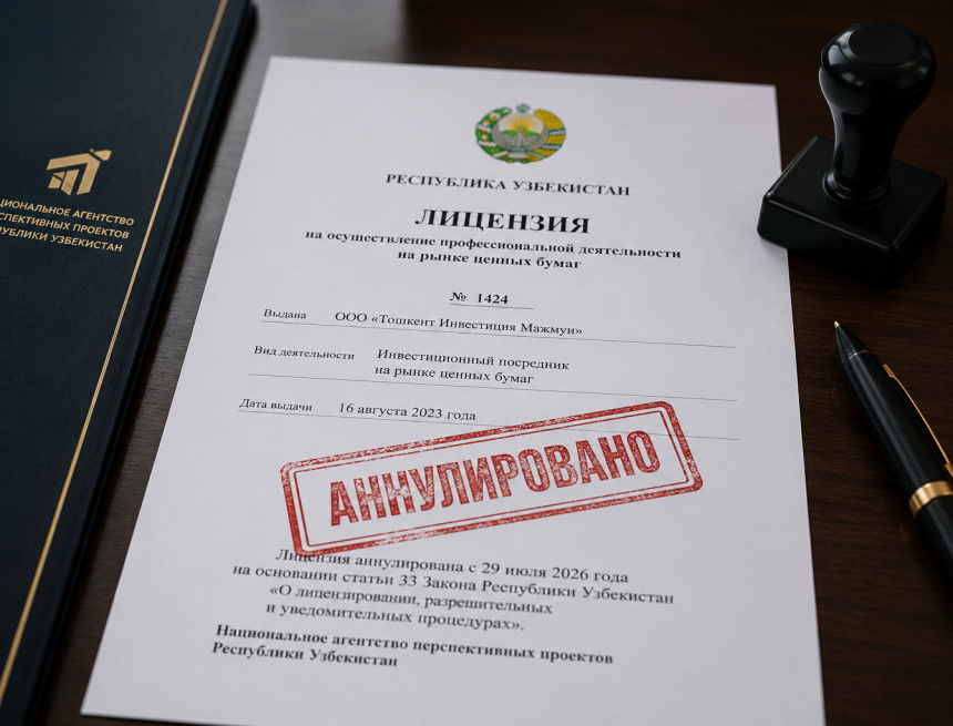 НАПП аннулировало лицензию инвестиционного посредника «Тошкент Инвестиция Мажмуи»